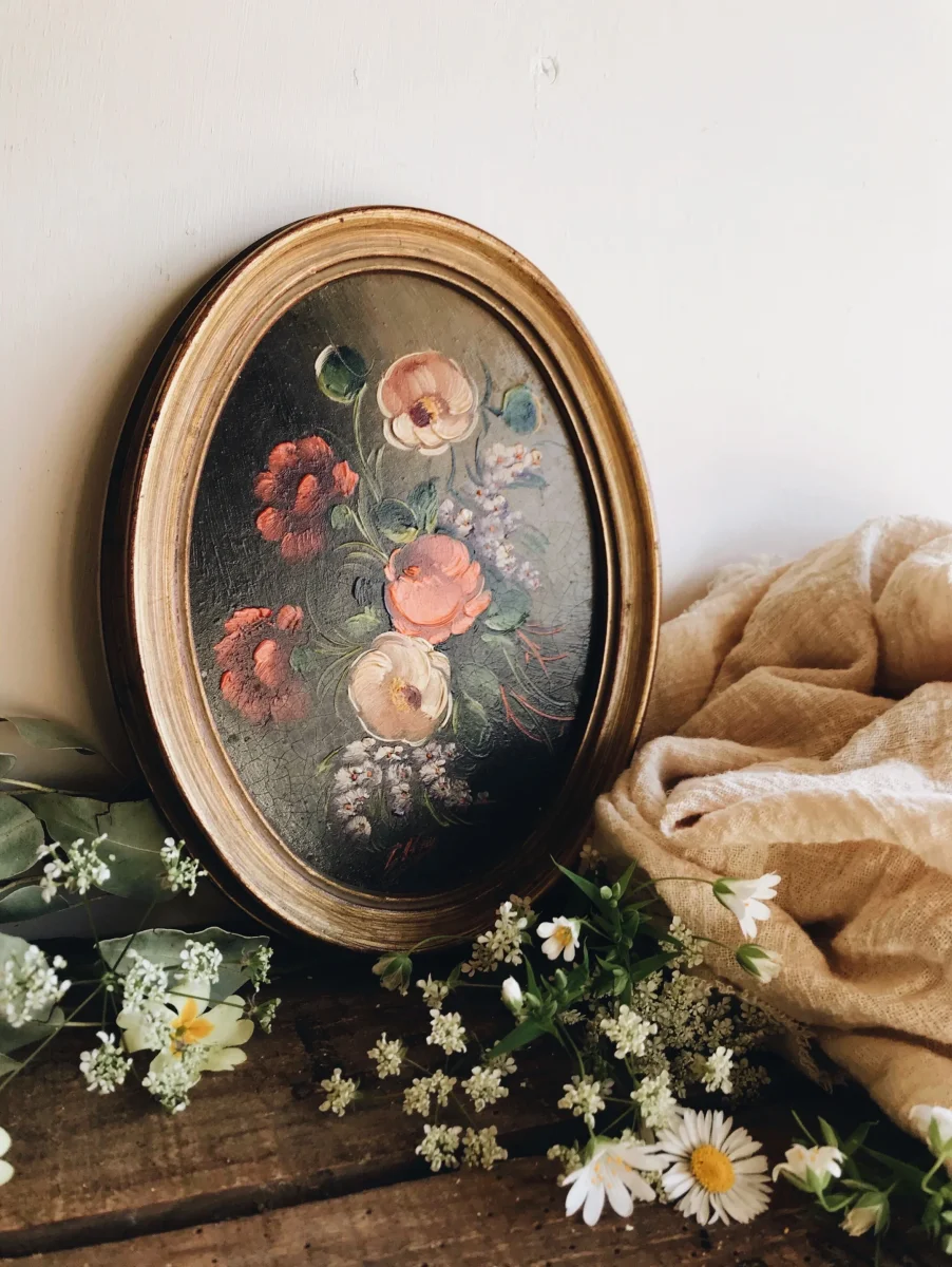 Vintage Floral Signed Oil Painting - Image 2